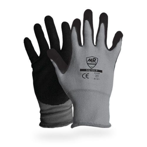 Guante de Poliéster Gris con Palma de Nitrilo Arenado Negro, MR SG1019