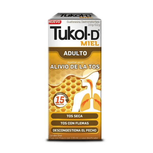 Jarabe Adulto Tukol-D Miel Frasco 120 ml 2.0-0.2 g/100 ml